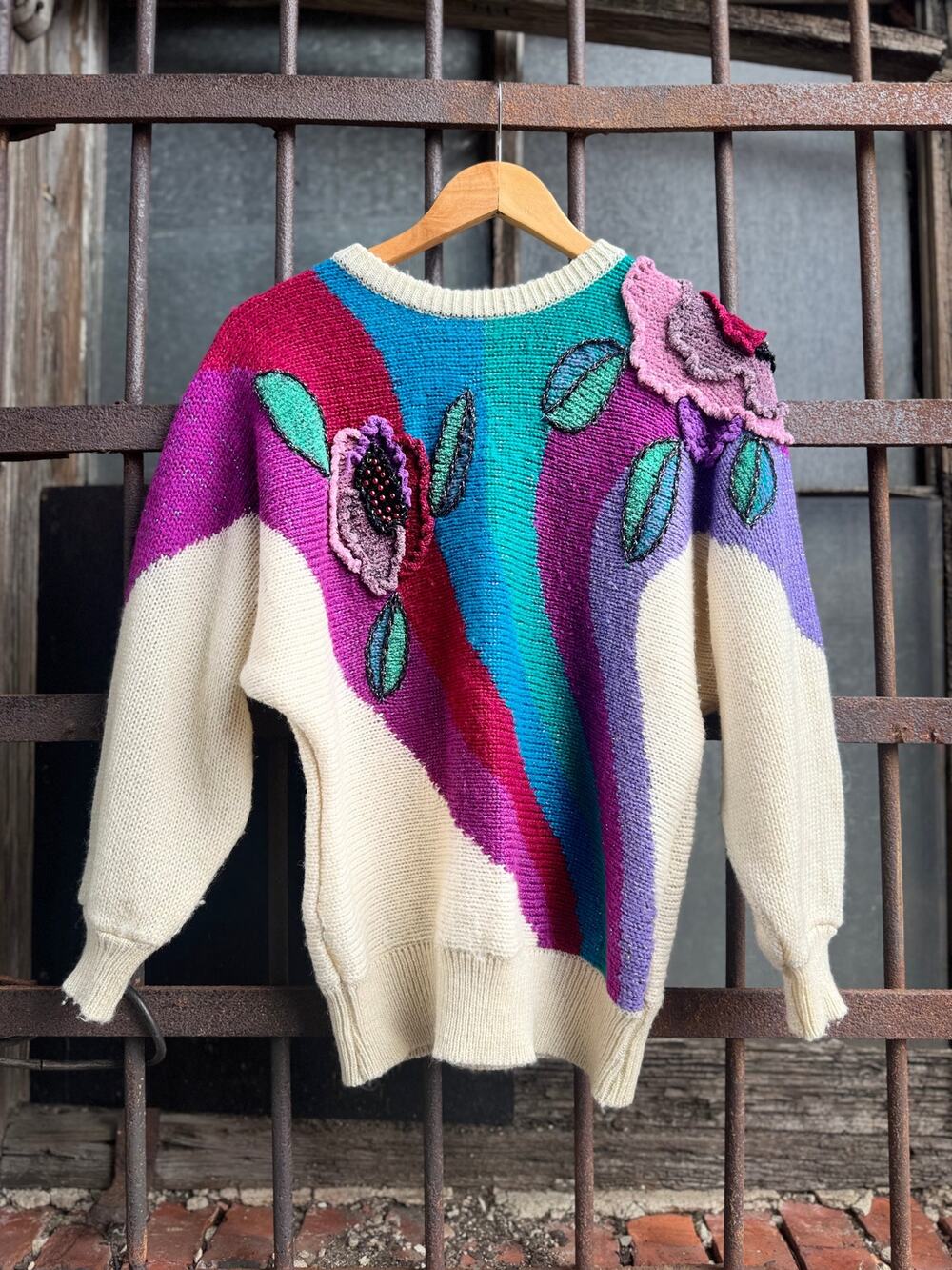 Vintage 80s Knit & Beaded Drop Shoulder Wool Sweater Size Medium